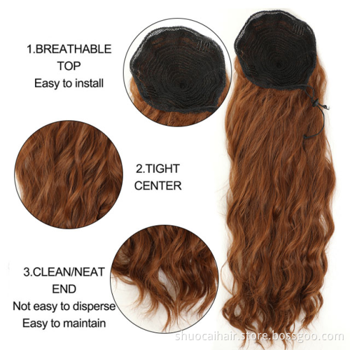 Long Wavy Ponytail Hair Synthetic Drawstring Ponytail Clip in Hairpiece Black Wave Ponytail for Black Women >=60% Who slesale